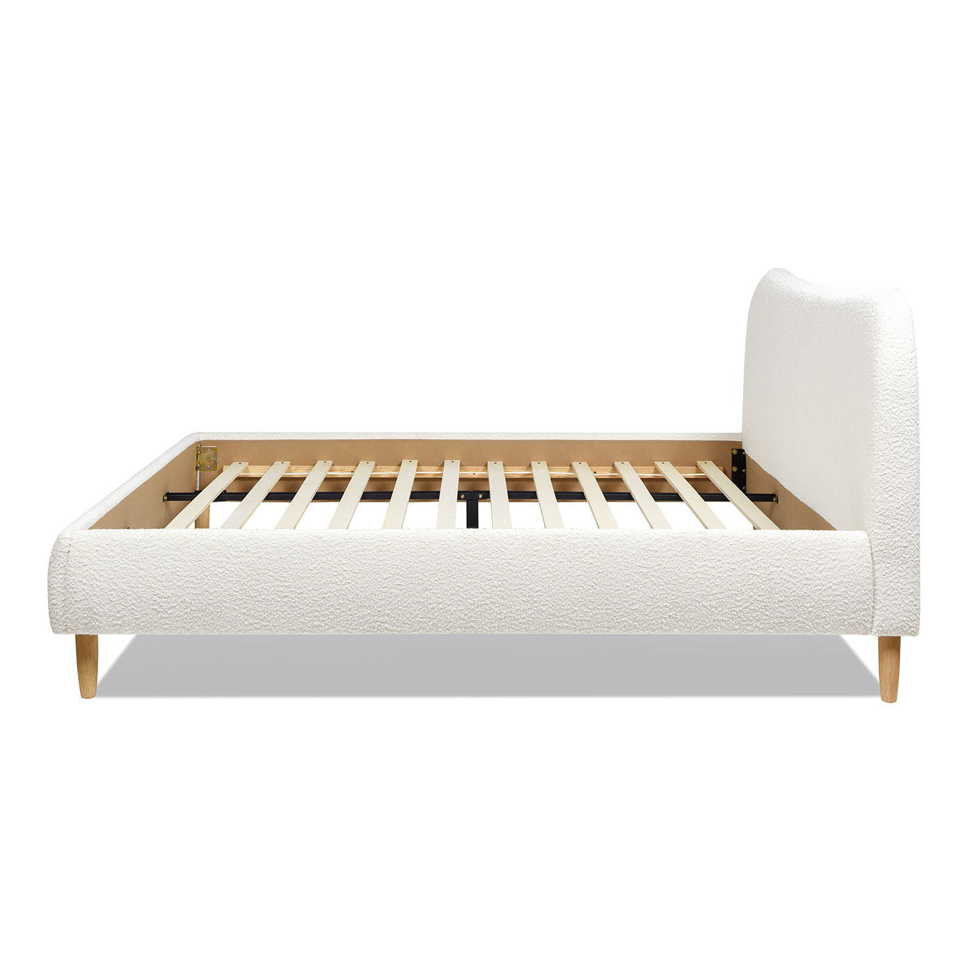 The Roman - Curved Headboard Upholstered Platform Bed features a modern, low-profile design with a textured white upholstered headboard and sides, wooden slats for support, and short light wood legs, displayed side view against a white background.