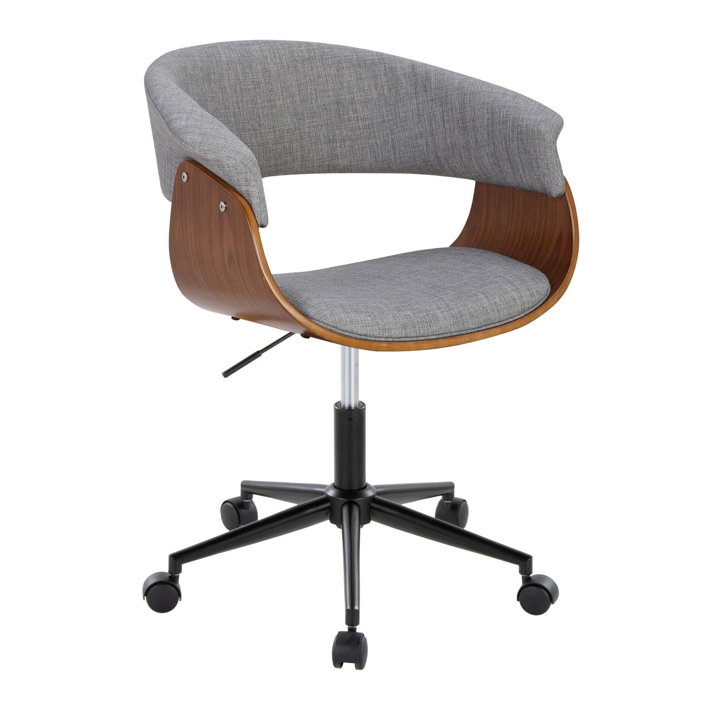 The Vintage Mod - Mid Century Modern Office Chair features a curved wooden frame, grey upholstered seat and backrest, adjustable height, and a black five-wheel base.