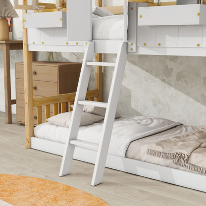 A white ladder leads to the top bunk of the House Bunk Bed With Roof, Window, Window Box, Door, Safety Guardrails and Ladder; a wooden nightstand with drawers and a lamp sits nearby on a light wood floor.