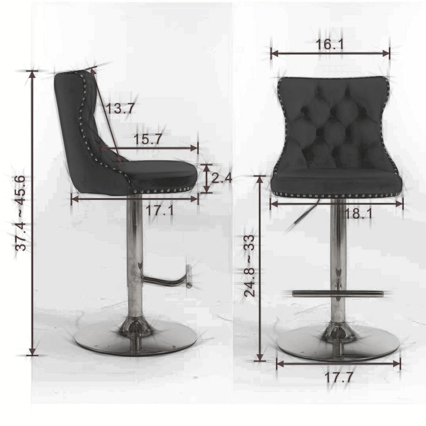 Two views of the Swivel Velvet Barstools, set of 2 in black with tufted backs, silver stud trim, and chrome base. Dimensions (inches) show adjustable seat height (25-33"), width, depth, overall height, and metal footrest details.