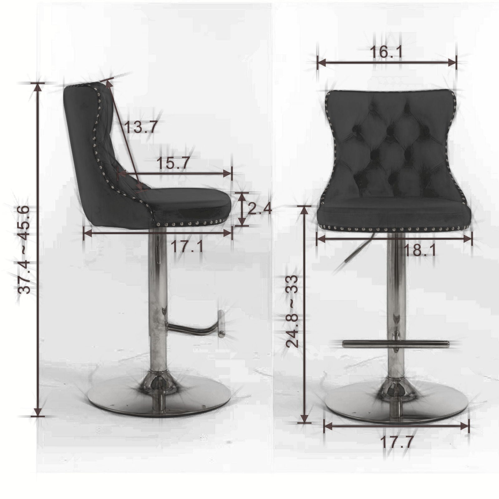Two views of the Swivel Velvet Barstools, set of 2 in black with tufted backs, silver stud trim, and chrome base. Dimensions (inches) show adjustable seat height (25-33"), width, depth, overall height, and metal footrest details.