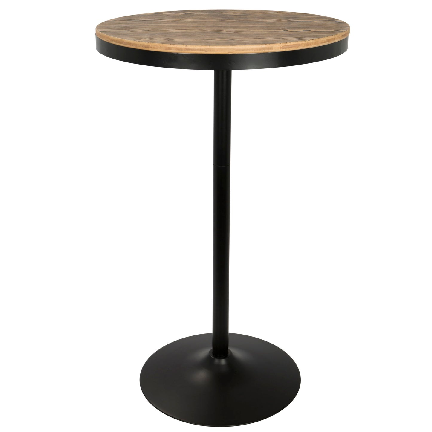 The Dakota - Industrial Adjustable Bar Dinette Table features a tall round wooden tabletop and a single black metal pedestal base.