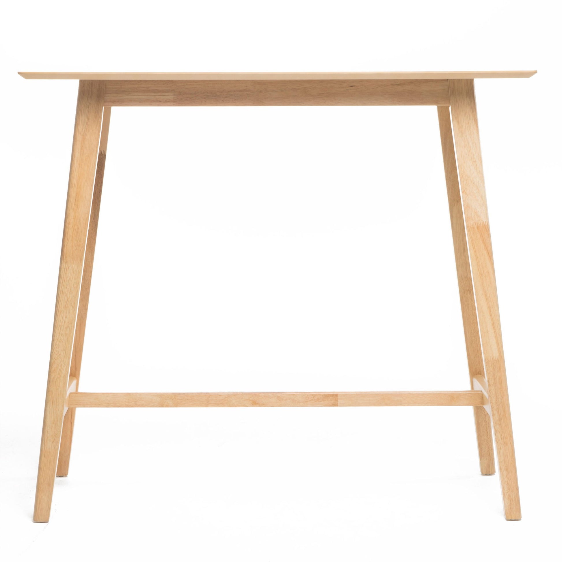 The Bar Height Dining Table features an elongated rectangular top and four splayed legs in a light natural finish, set against a white background.