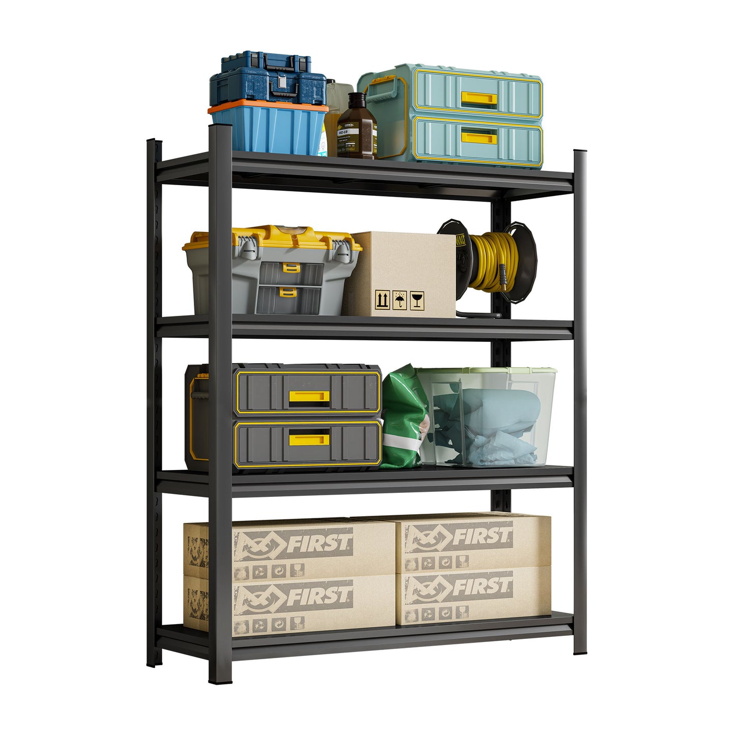 4 Layer Metal Storage Rack, Garage Shelves, Adjustable Height Partition - Black