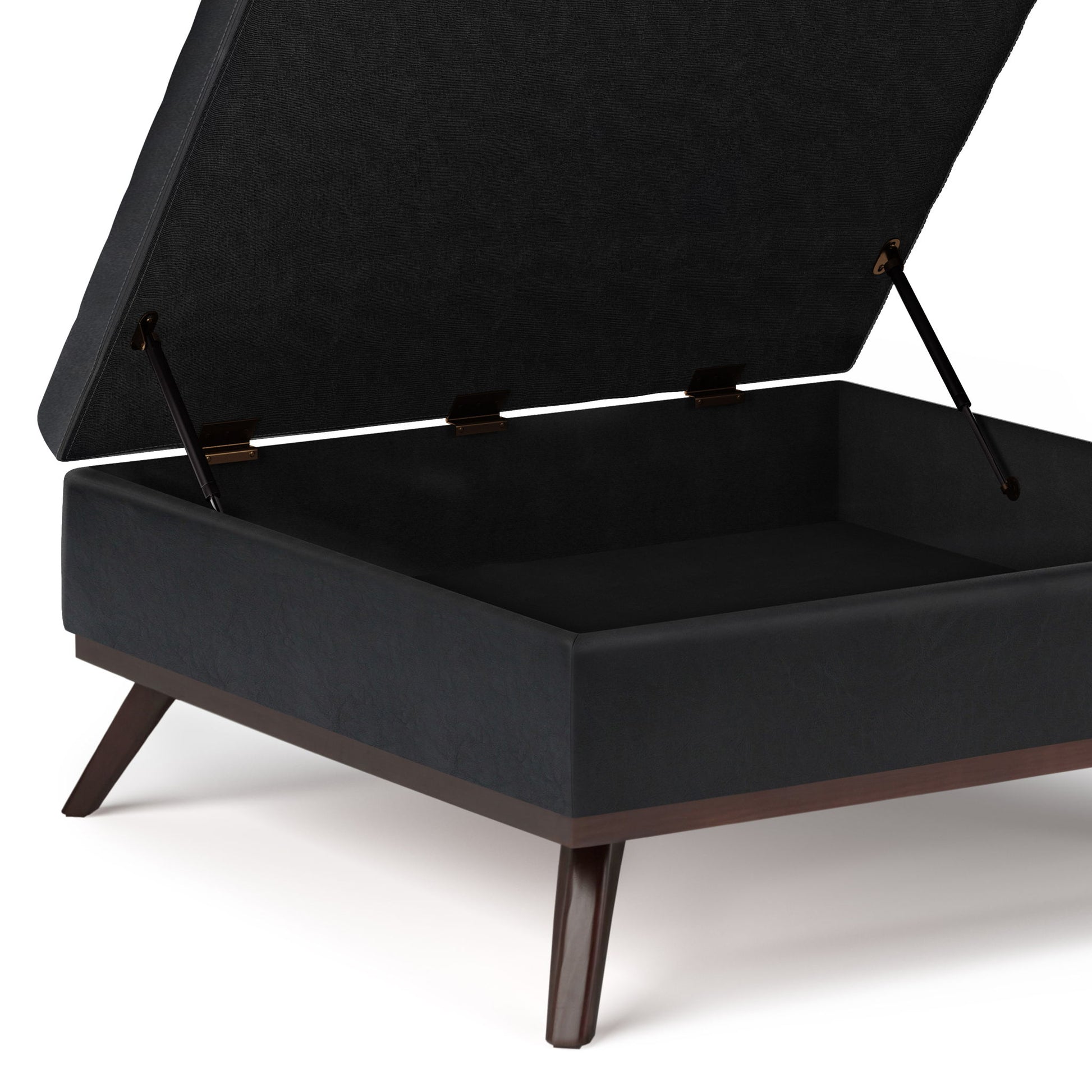 The Owen Multifunctional Square Coffee Table Storage Ottoman features a modern black upholstered finish, hinged lid for easy access to a spacious interior, angled wooden legs, and a sleek, minimalist design.