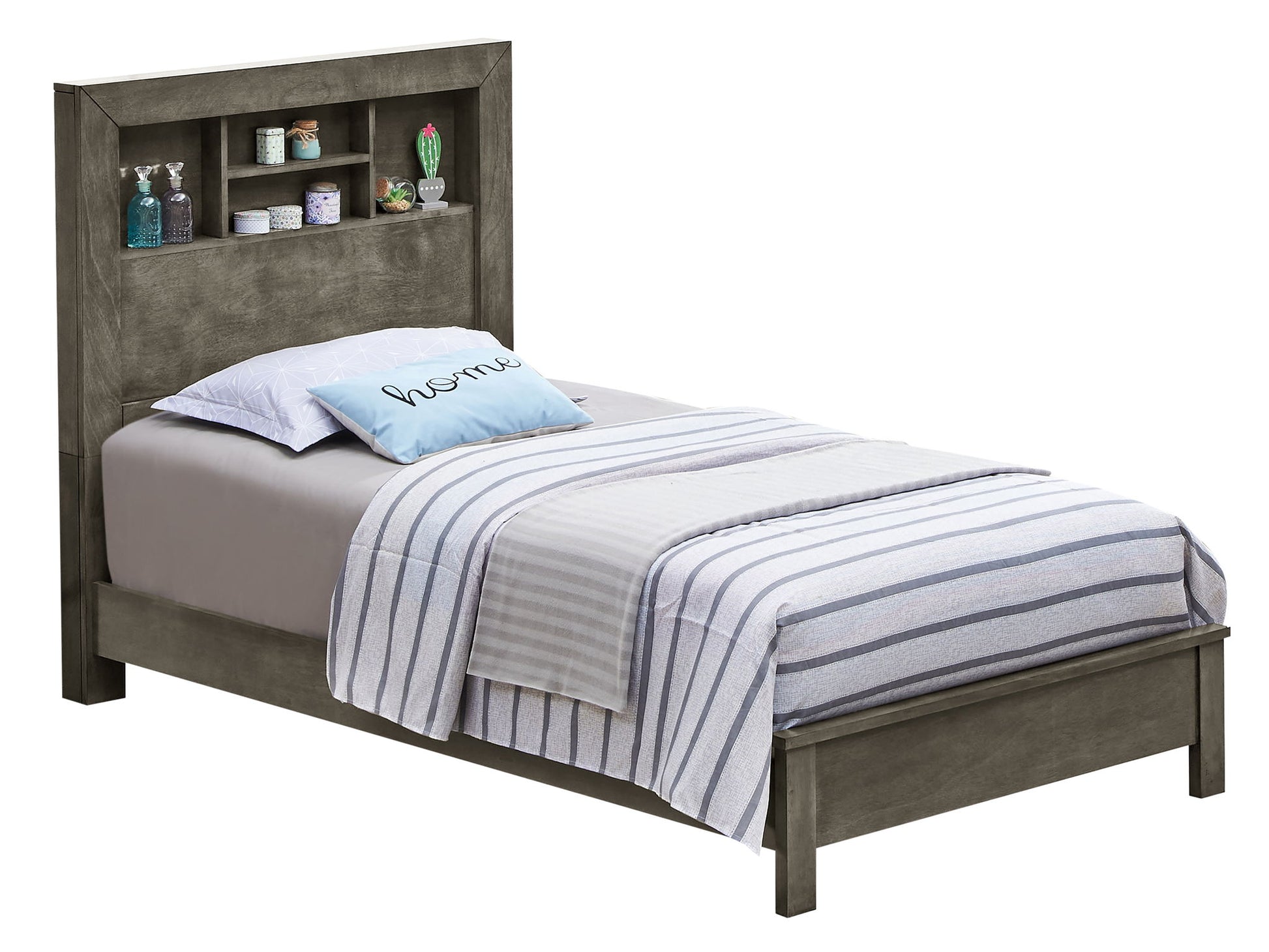 A Bed With Transitional Design Stylish features a gray wooden frame, headboard with built-in shelves displaying items, and is dressed in gray and white striped bedding plus a blue "home" pillow.