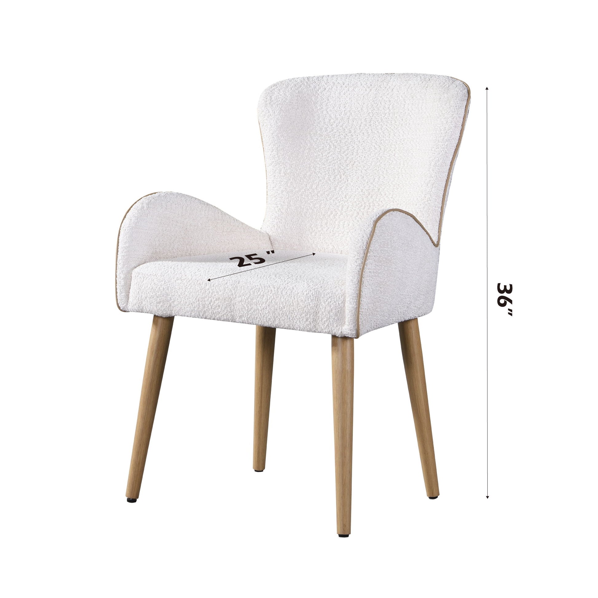 The Qwin Boucle Side Chair (Set of 2) in beige features white upholstery, curved arms, a rounded backrest, wooden legs, a 25-inch wide seat, and stands 36 inches tall.