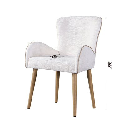 The Qwin Boucle Side Chair (Set of 2) in beige features white upholstery, curved arms, a rounded backrest, wooden legs, a 25-inch wide seat, and stands 36 inches tall.