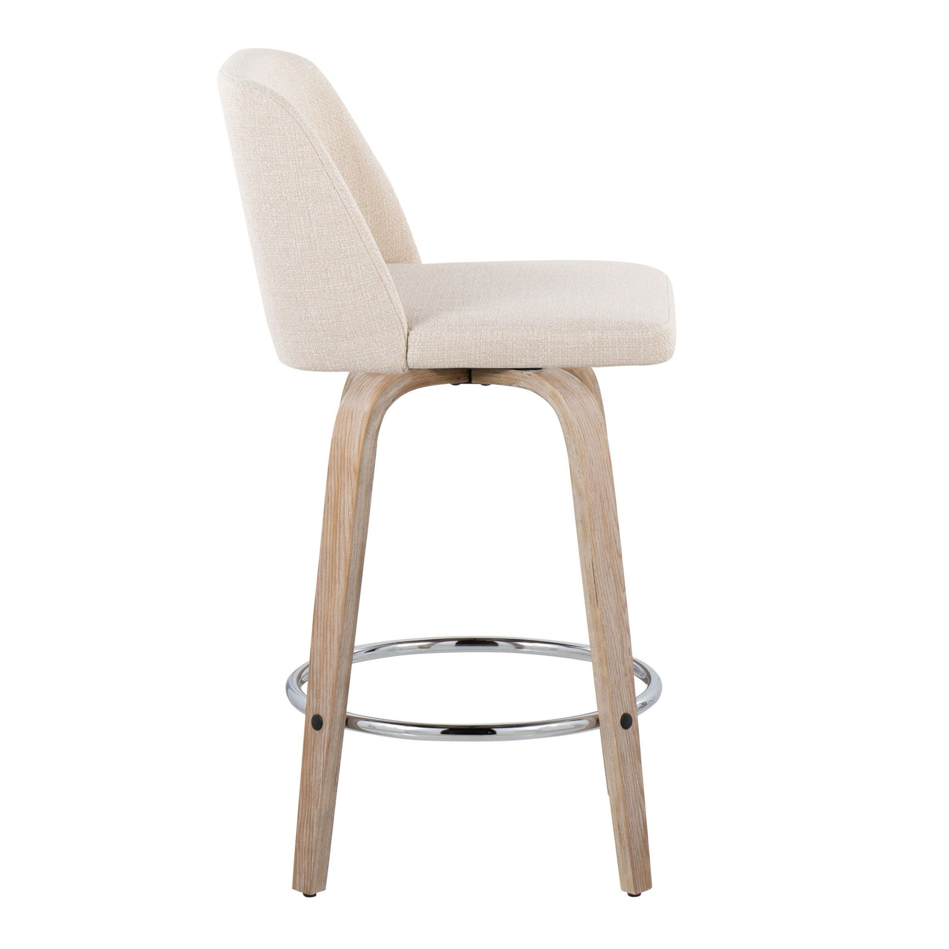 Side view of the Toriano contemporary fixed height counter stool (set of 2), featuring modern beige upholstery, a curved wooden base, swivel seat, and a round chrome footrest.
