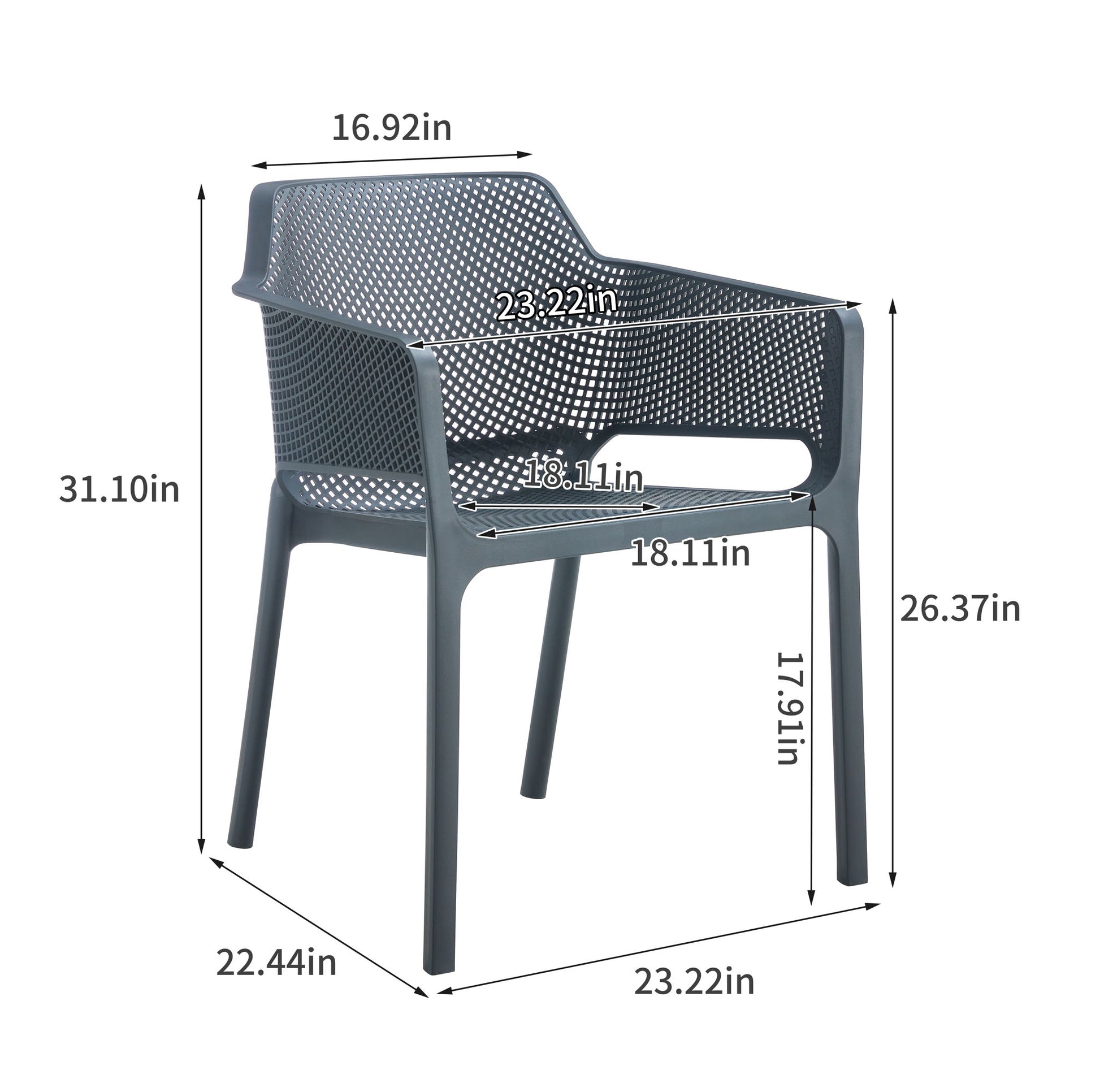 The 3 Piece Plastic Arm Chair Bistro Grs Premium Ocean Plastic is a modern black chair with armrests, measuring 31.10"H x 23.22"W x 22.44"D; seat: 16.92"W x 18.11"D x 17.91"H; arm height: 26.37". Features a perforated design.