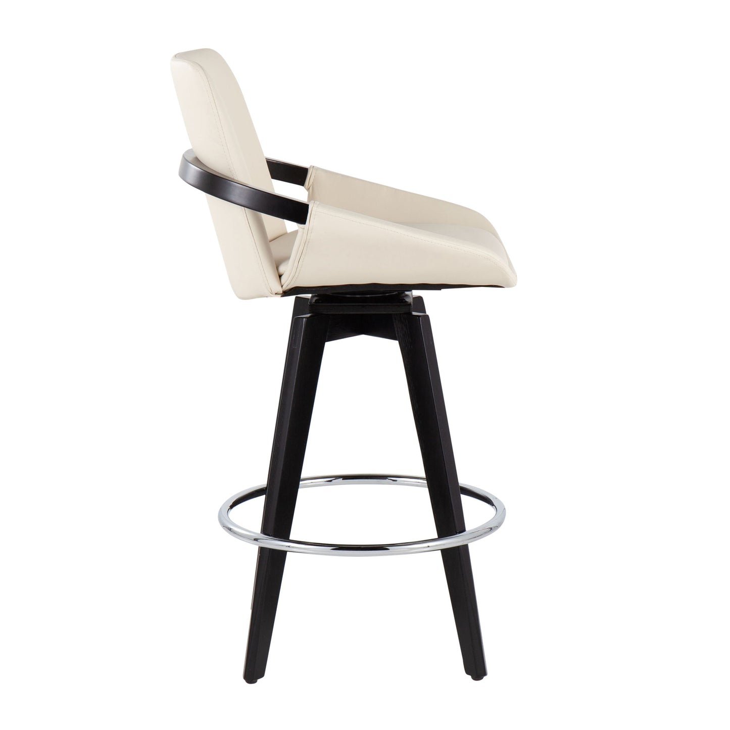 Side view of the Cosmo Contemporary Fixed Height Counter Stool (set of 2) featuring a swivel cushioned seat and backrest, black wooden legs, a round metal footrest, and an ergonomic tilt, shown against a white background.