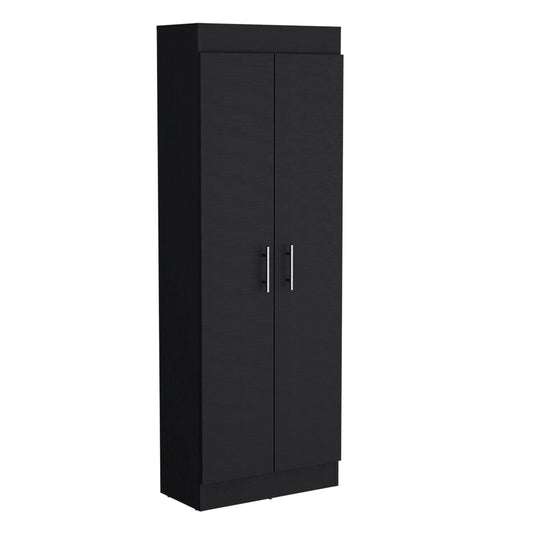 The Clinton Pantry Cabinet Kitchen Storage in black is a tall, two-door cabinet with silver handles, shown upright against a white background.