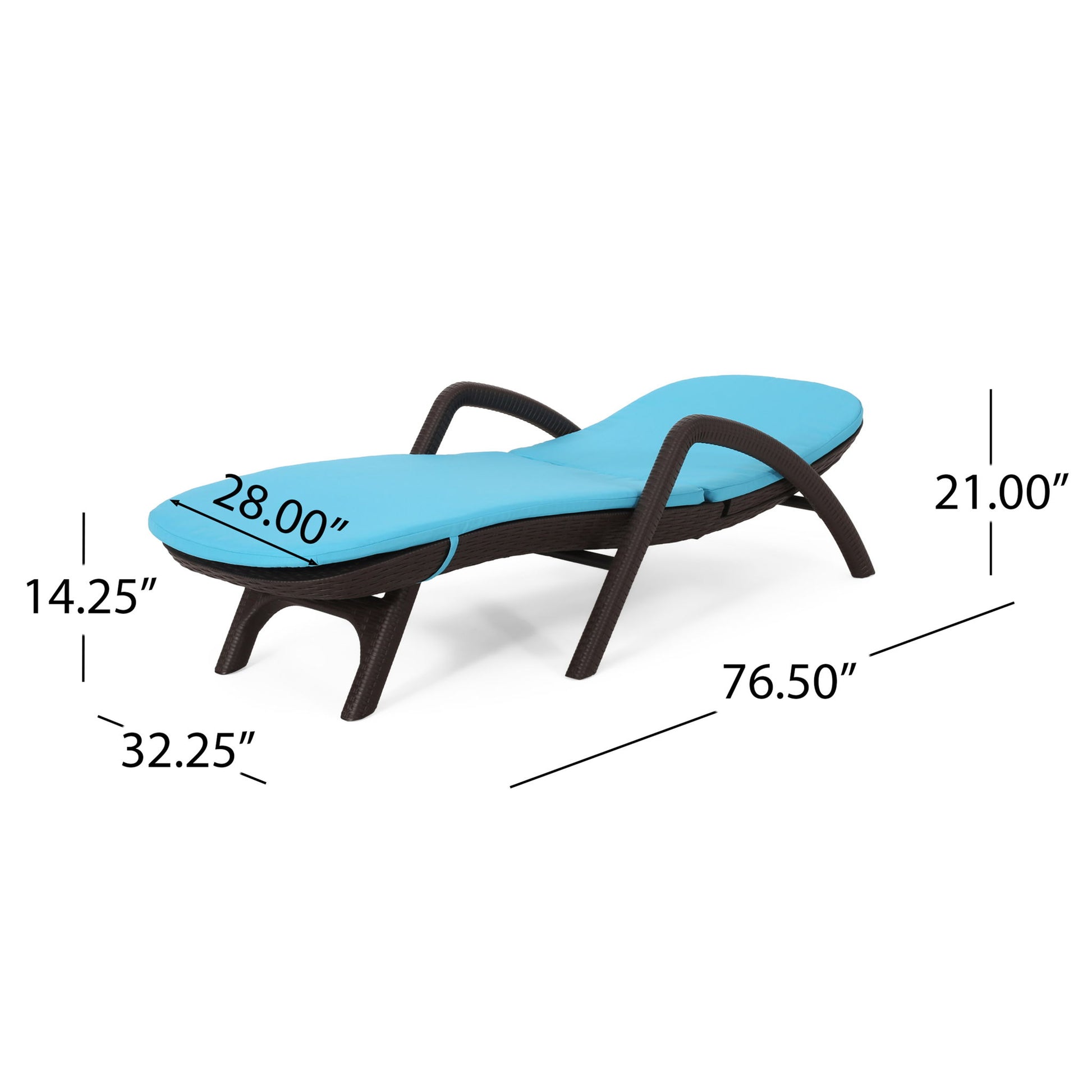 Mikael - Chaise Lounge With Cushion features a blue cushion, dark brown frame, and measures 76.5"L x 28"W x 21"H (backrest), 14.25"H (footrest), with a 32.25" long leg section.