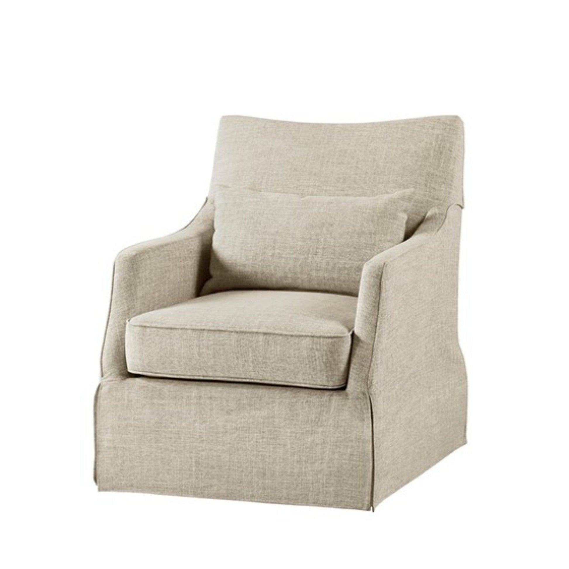 The Traditional Design London Skirted Swivel Chair features beige upholstery, a plush seat cushion, matching back pillow, slightly curved armrests, modern simplicity, and a tailored skirted base.