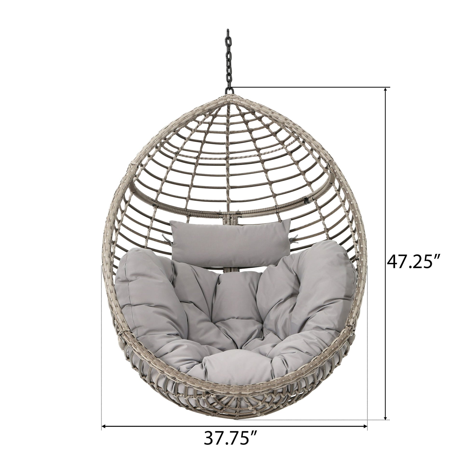 The Hanging Basket Chair With Metal Frame And Seat Cushion, featuring an egg-shaped wicker design with gray cushions and headrest, measures 47.25"H x 37.75"W and hangs by a chain against a white background.