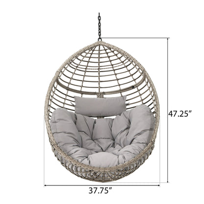 The Hanging Basket Chair With Metal Frame And Seat Cushion, featuring an egg-shaped wicker design with gray cushions and headrest, measures 47.25"H x 37.75"W and hangs by a chain against a white background.