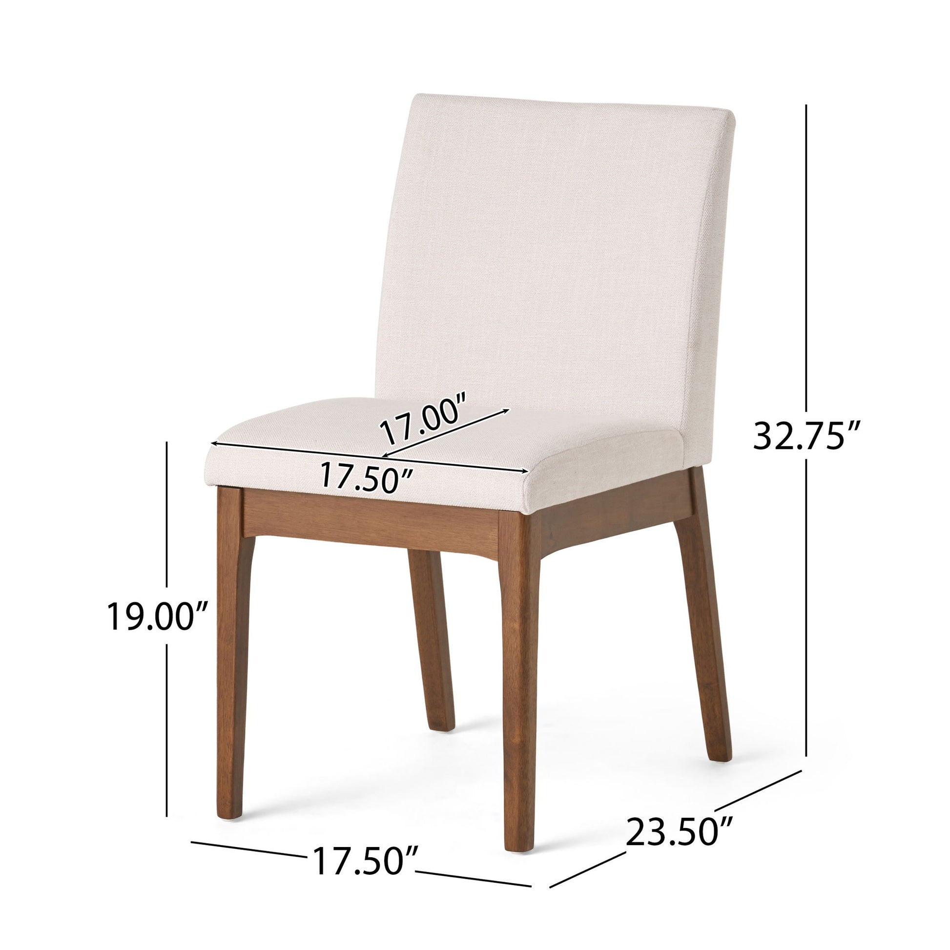 Contemporary Fabric Comfort Dining Chairs (Set of 2) feature light beige upholstery, wooden legs, a 17" seat width, 17.5" chair width, 23.5" depth, 19" seat height, and an overall height of 32.75".