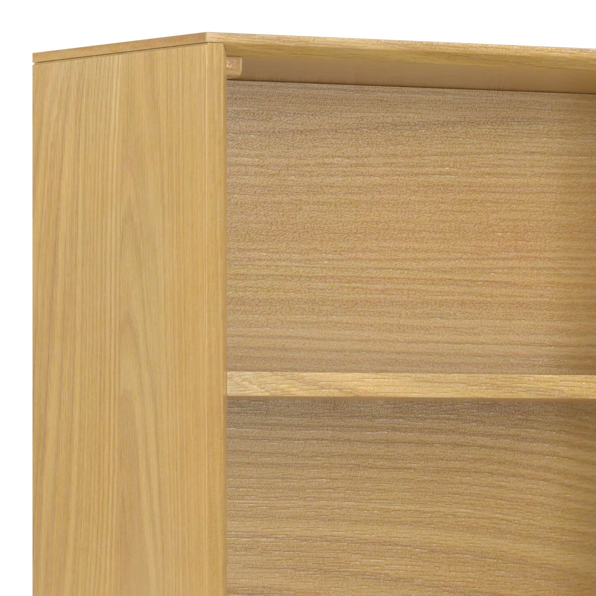 A close-up of the top corner of the Banting - Mid Century Handcrafted Bookcase shows its side panel, shelf, and back panel, all featuring a natural wood grain finish.