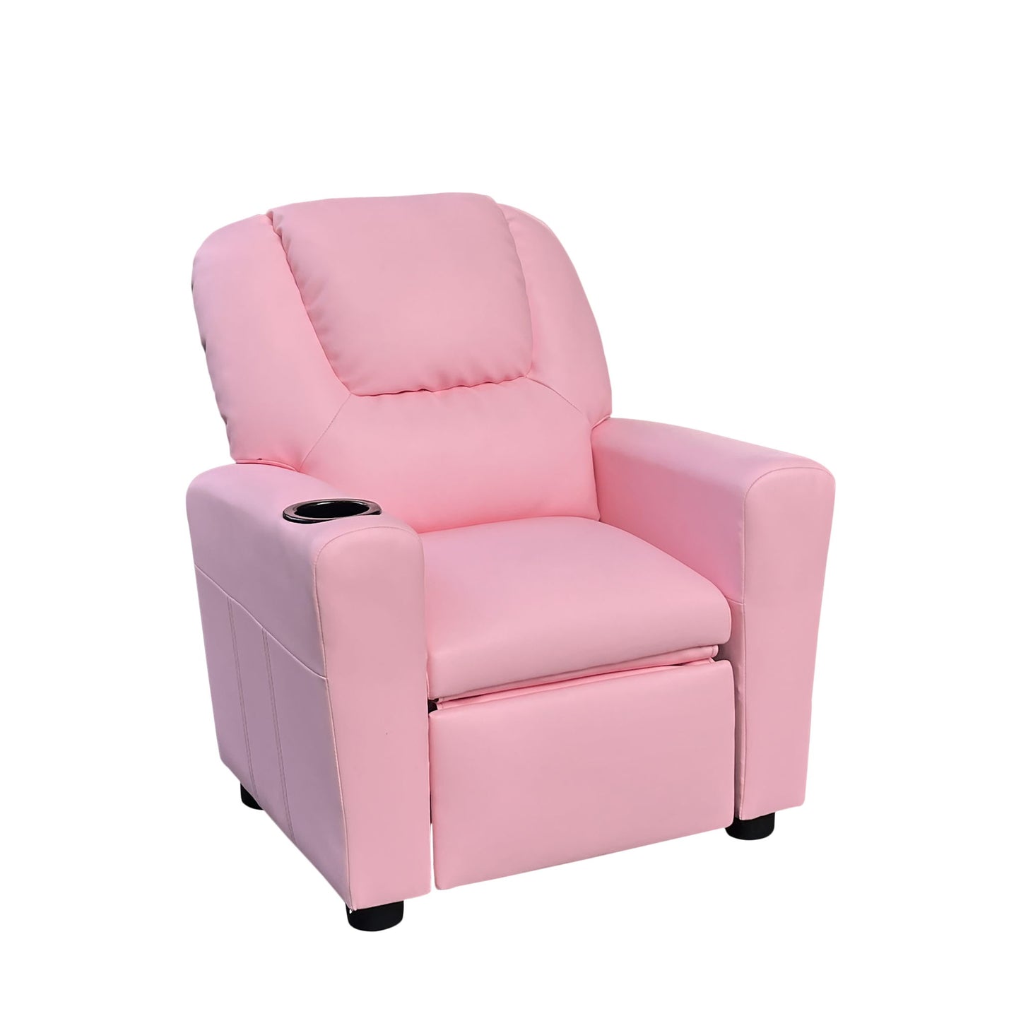 The Marisa PU Leather Kids Recliner Chair features light pink upholstery, a reclining seat, padded backrest, and a built-in cup holder on the right armrest.