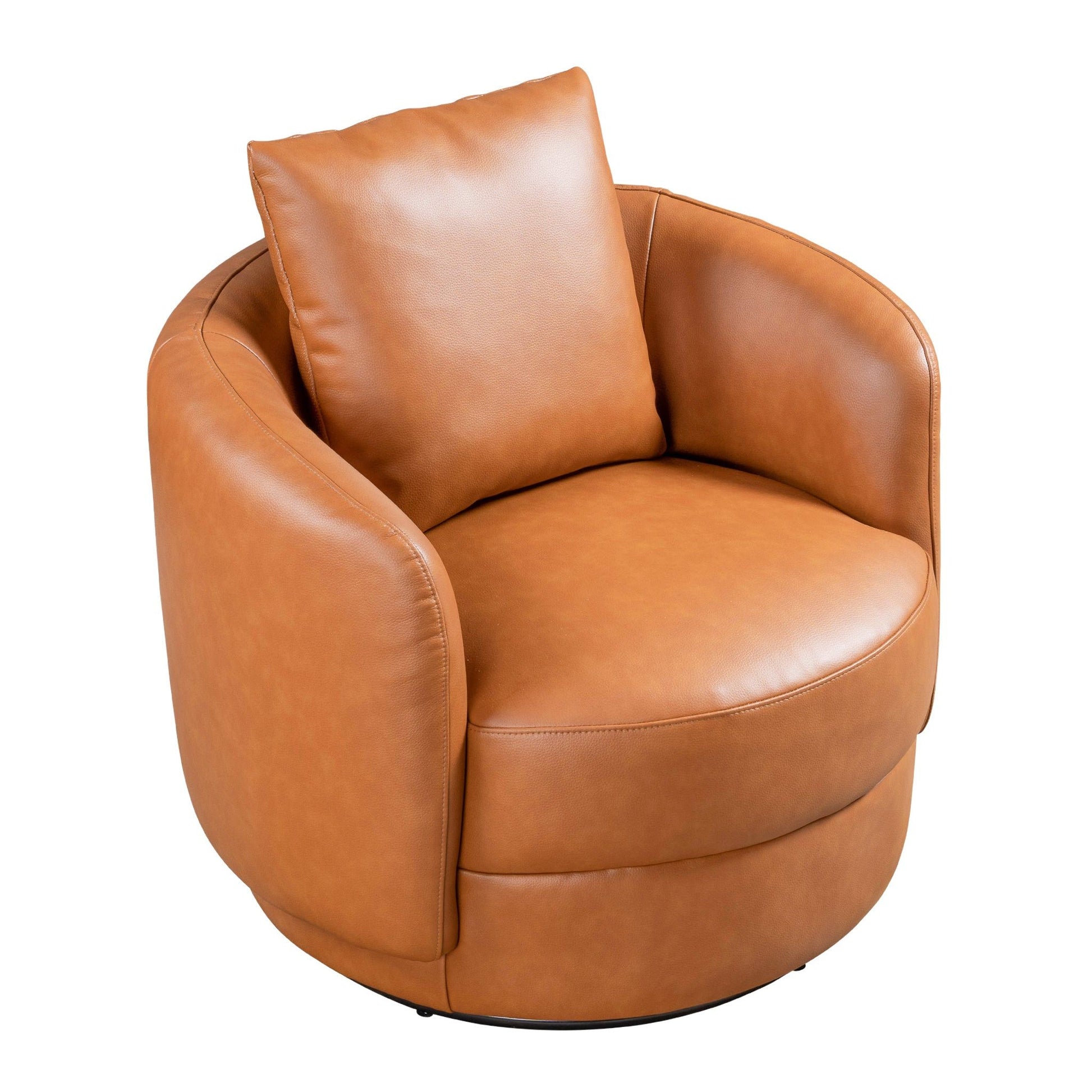 The Dylan - Boucle Lounge Chair is a modern, round swivel accent chair with light brown leather upholstery and a matching cushioned back pillow, displayed on a white background.