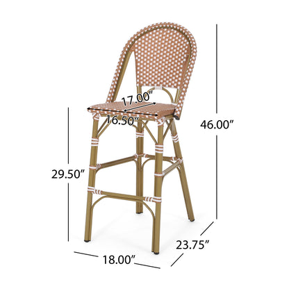 The Outdoor Pe Rattan French Barstool Set features tall bistro-style chairs with woven brown and white checkered seats and backrests. Dimensions: height 46", seat height 29.5", width 17", depth 16.5", base 18" x 23.75".