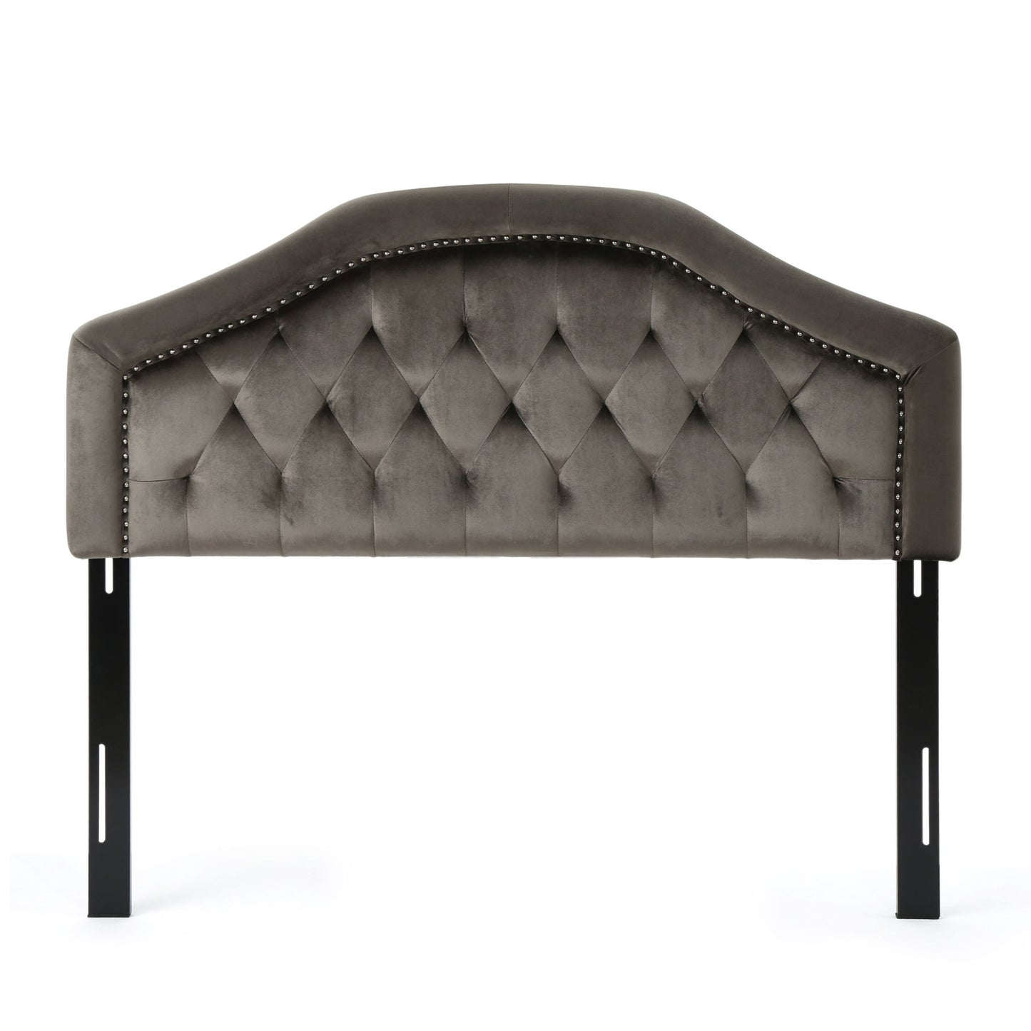 The Kaarina - Contemporary Tufted Fabric Headboard features gray upholstery, a curved top, diamond tufted design, nailhead trim along the edge, and is supported by two black metal legs.