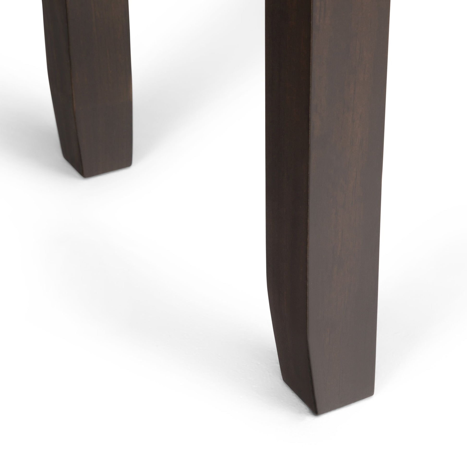 Close-up of two square, smooth legs of the Cosmopolitan Wide Console Sofa Table in Mahogany Brown, set against a white background.