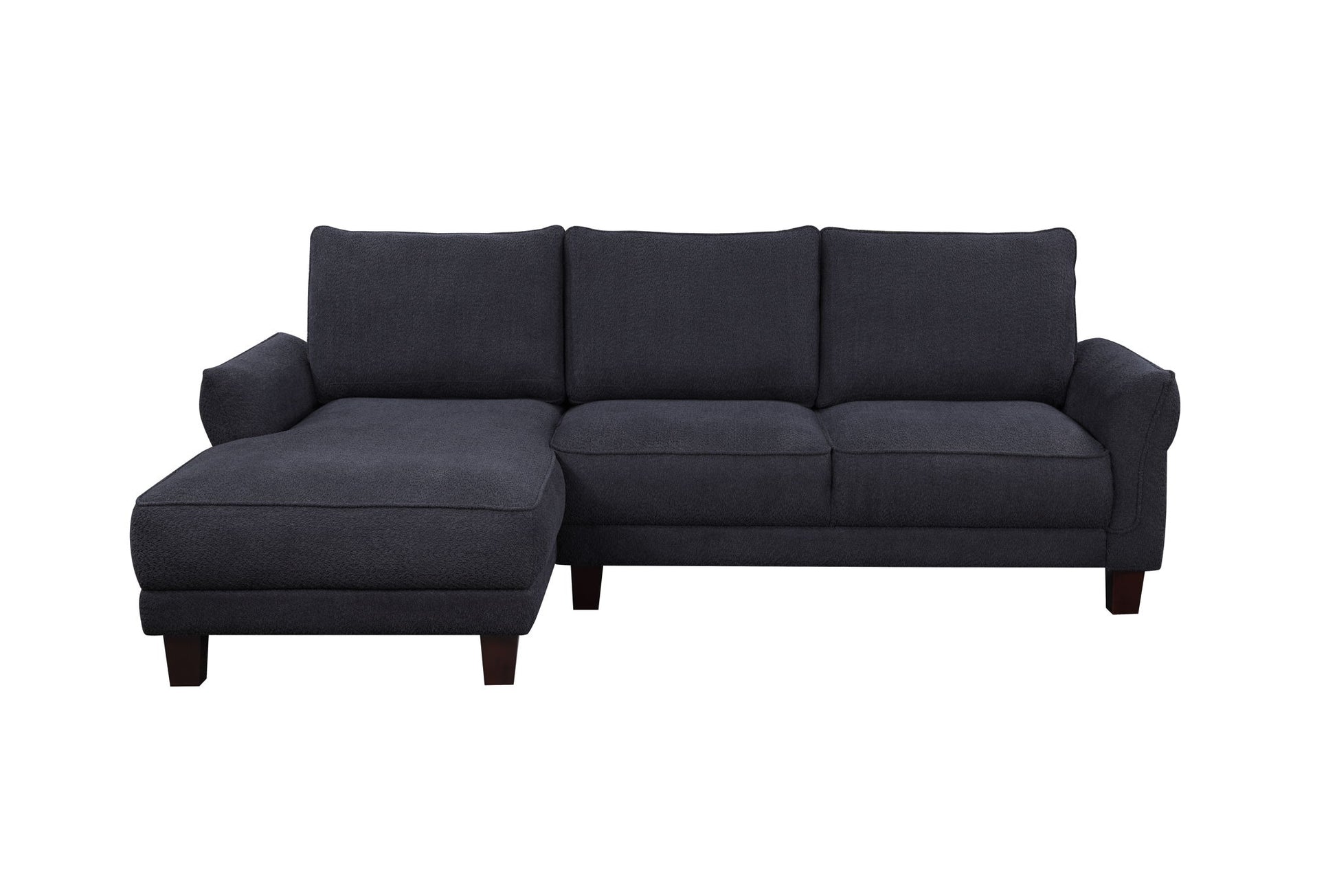 The Belle - Sherpa Sectional Sofa With Left Facing Chaise features a dark gray, modern minimalist design with three seat cushions, a left-side chaise, and short wooden legs, shown against a white background.