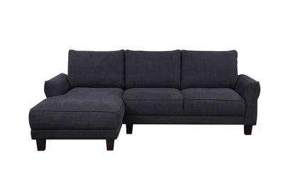 The Belle - Sherpa Sectional Sofa With Left Facing Chaise features a dark gray, modern minimalist design with three seat cushions, a left-side chaise, and short wooden legs, shown against a white background.