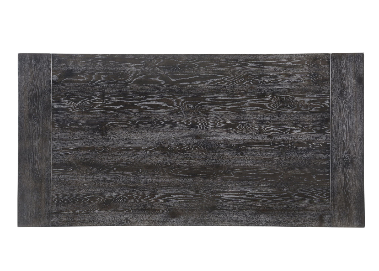 The Bernard - Weathered Dining Table features a rectangular tabletop with a dark wood grain finish, showcasing visible natural patterns and textures.