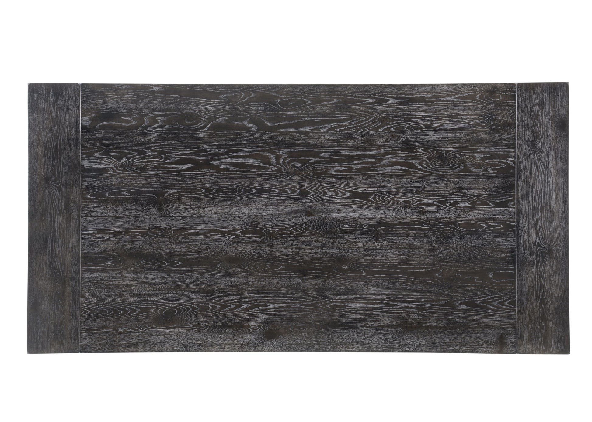 The Bernard - Weathered Dining Table features a rectangular tabletop with a dark wood grain finish, showcasing visible natural patterns and textures.