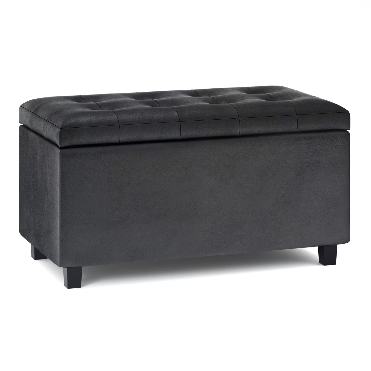 The Cosmopolitan - Upholstered Storage Ottoman is a rectangular black ottoman featuring a tufted top and short legs, designed for both seating and storage.