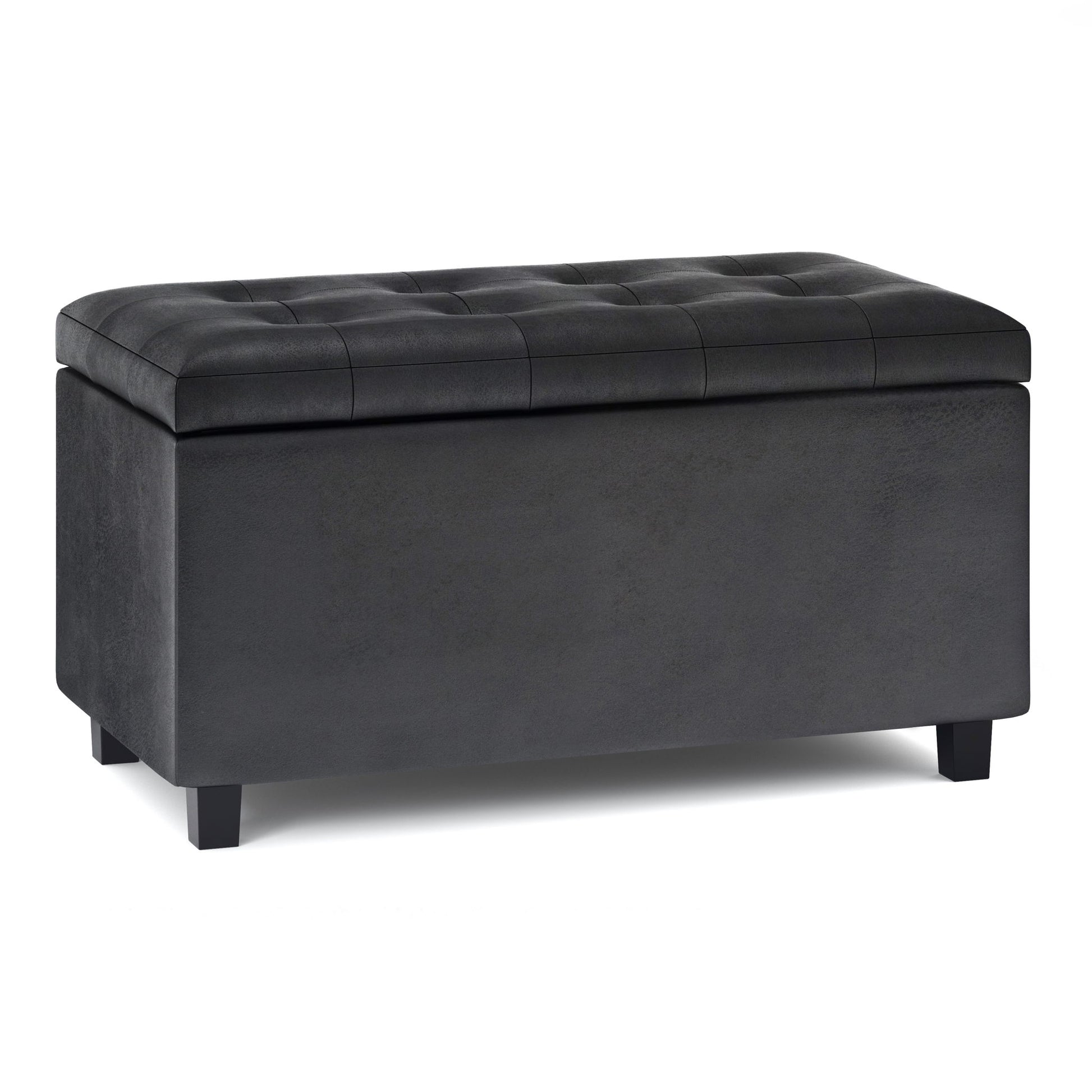 The Cosmopolitan - Upholstered Storage Ottoman is a rectangular black ottoman featuring a tufted top and short legs, designed for both seating and storage.