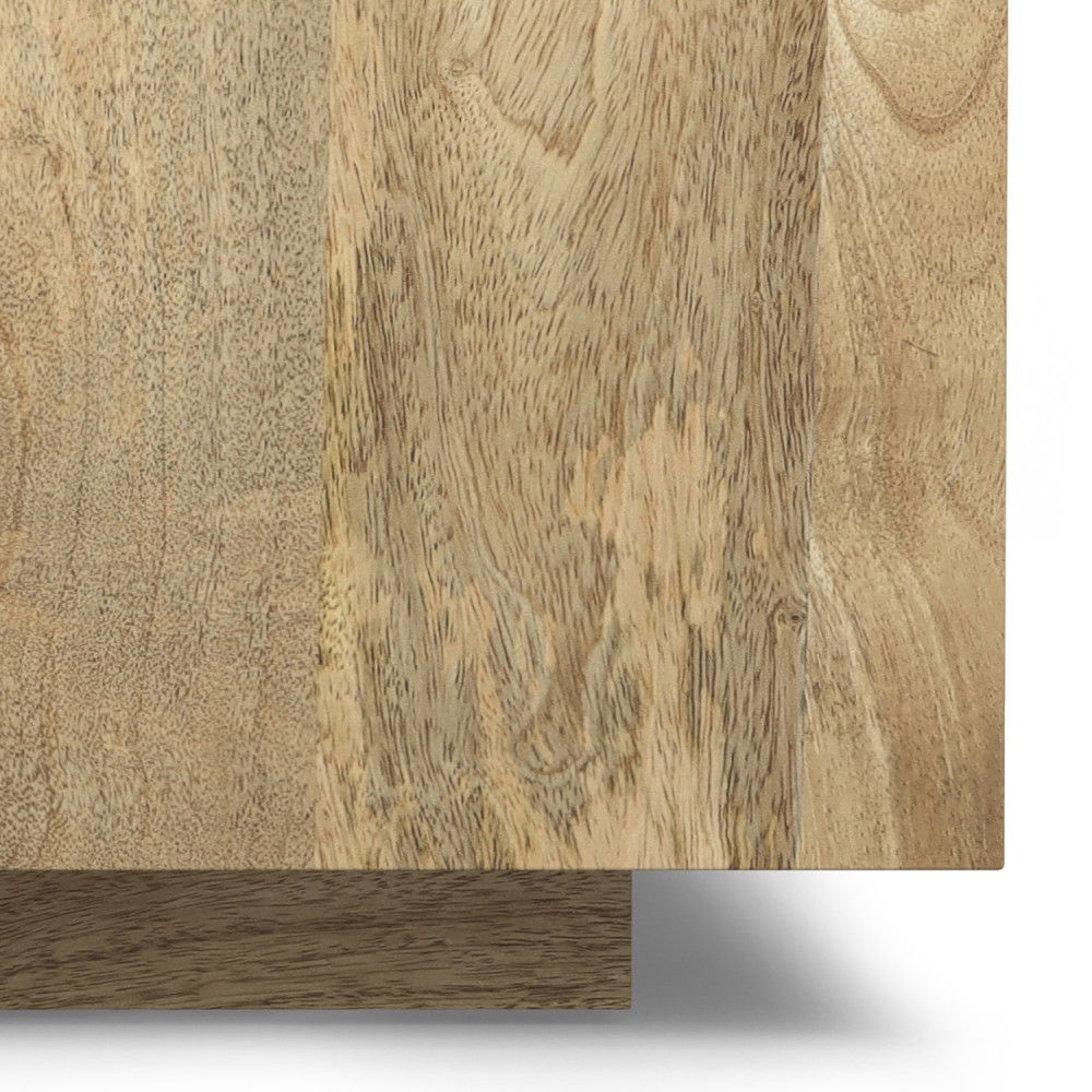 Close-up of the Lockhart Square Coffee Table in Natural, showing its light brown and beige wood tones, visible grain patterns, and natural texture where the tabletop meets the vertical panel at a right angle.