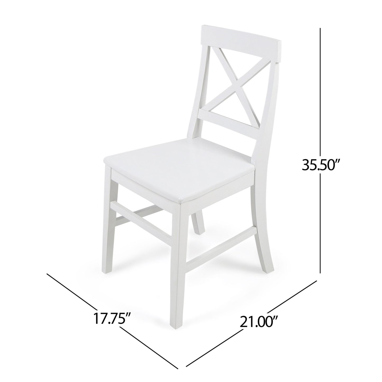 The Plethora Dining Chair features an X-shaped back, straight legs, and a rectangular seat. Each chair measures 35.5" tall, 17.75" deep, and 21" wide. Sold as a set of 2.