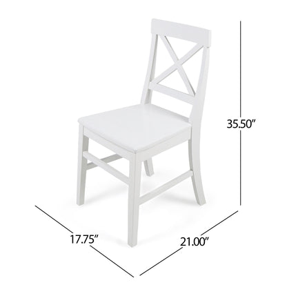 The Plethora Dining Chair features an X-shaped back, straight legs, and a rectangular seat. Each chair measures 35.5" tall, 17.75" deep, and 21" wide. Sold as a set of 2.
