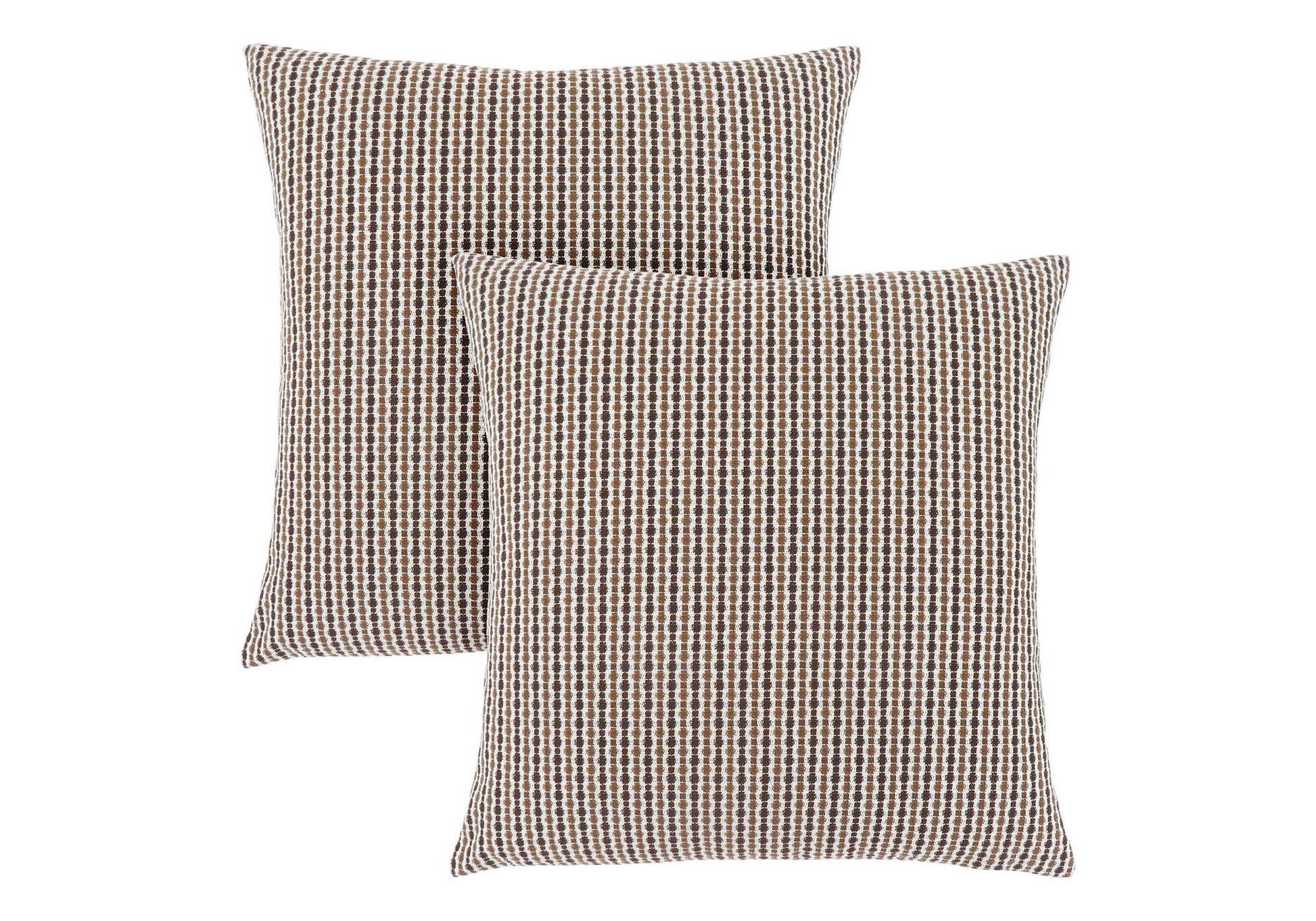Two square decorative throw pillows (insert included), hypoallergenic, feature a textured checkered pattern in brown, black, and white tones, displayed side by side on a white background.
