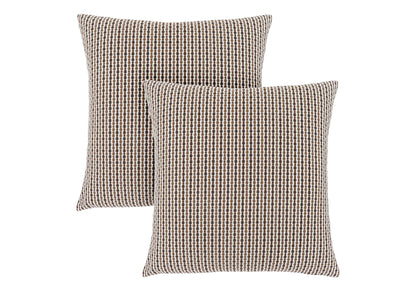 Two square decorative throw pillows (insert included), hypoallergenic, feature a textured checkered pattern in brown, black, and white tones, displayed side by side on a white background.