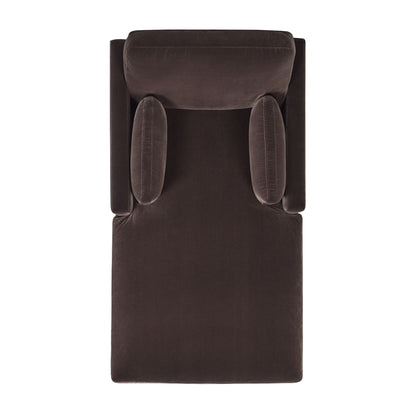 Top-down view of the Knox - Modern Farmhouse Chaise Lounge Chair in dark brown upholstery, featuring a rectangular backrest, two cylindrical side cushions, and a wide plush seat against a white background.