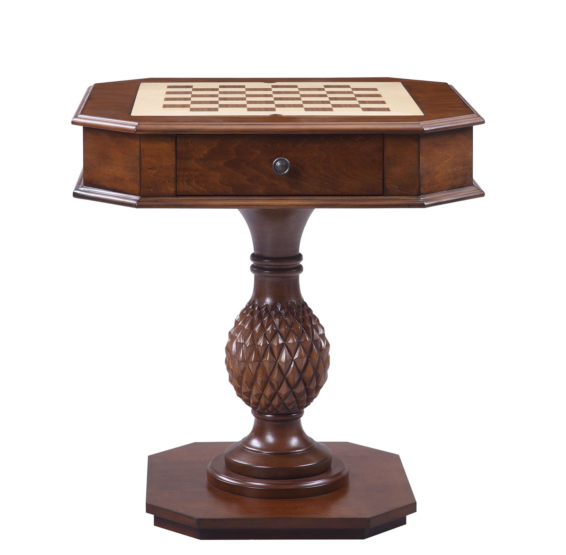The Bishop Reversible Chess Checker Game Table in cherry features an octagonal top with an inlaid chessboard, a decorative pedestal base, a single drawer, and a game tray. Chess pieces are not included.