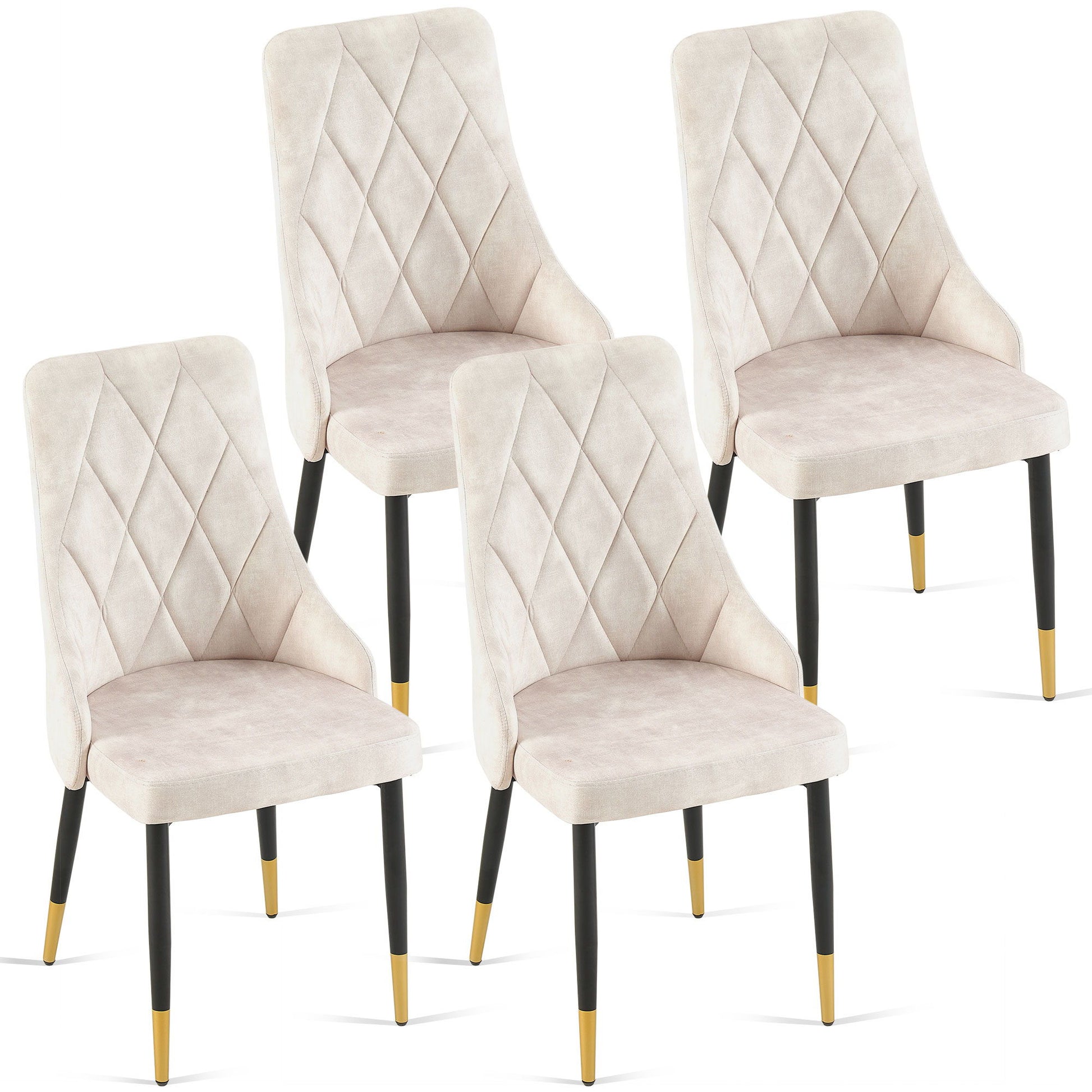 Set of four modern armless Dining Chairs for kitchen or living room, featuring light beige diamond-stitched upholstery, metal black legs with gold-colored tips, displayed in a staggered formation on a white background.