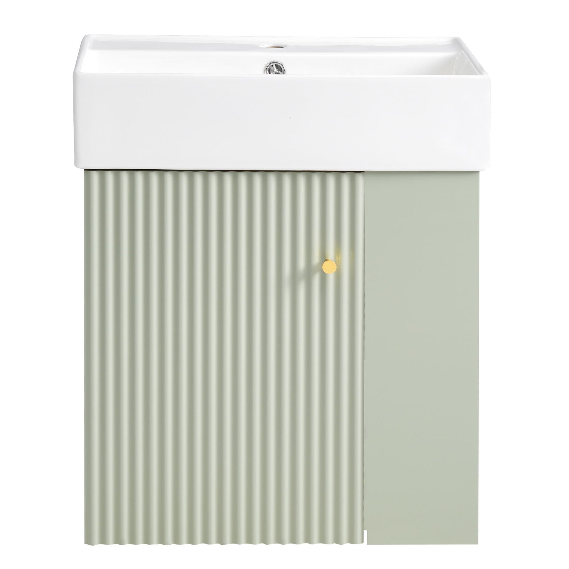 The Modern Floating Bathroom Vanity features a rectangular white ceramic basin and a light green ribbed cabinet front, accented with a small round yellow knob on the right, ideal for small bathrooms.
