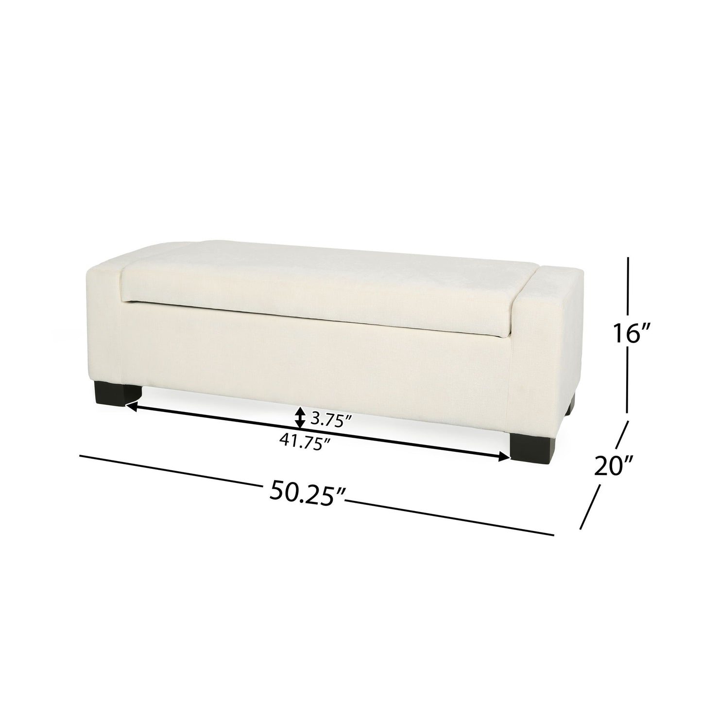 The Textured Fabric Ottoman Bench With Hinged Lid features a cream-colored upholstered rectangular design with black legs, measuring 50.25"W x 20"D x 16"H, and a front panel 41.75"W with a 3.75" border above the panel.