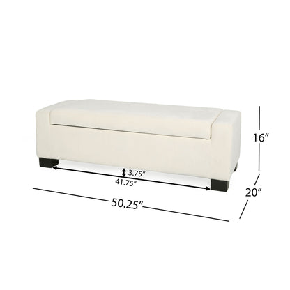 The Textured Fabric Ottoman Bench With Hinged Lid features a cream-colored upholstered rectangular design with black legs, measuring 50.25"W x 20"D x 16"H, and a front panel 41.75"W with a 3.75" border above the panel.