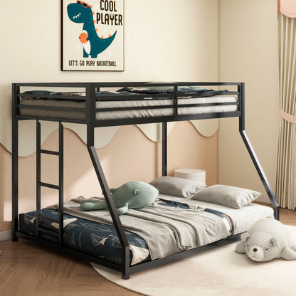 The Adam - Bunk Bed in black metal is dressed in ocean-themed bedding, with a stuffed shark and bear on the lower bed. A “Cool Player” dinosaur poster hangs above, and the window to the right is framed by curtains.