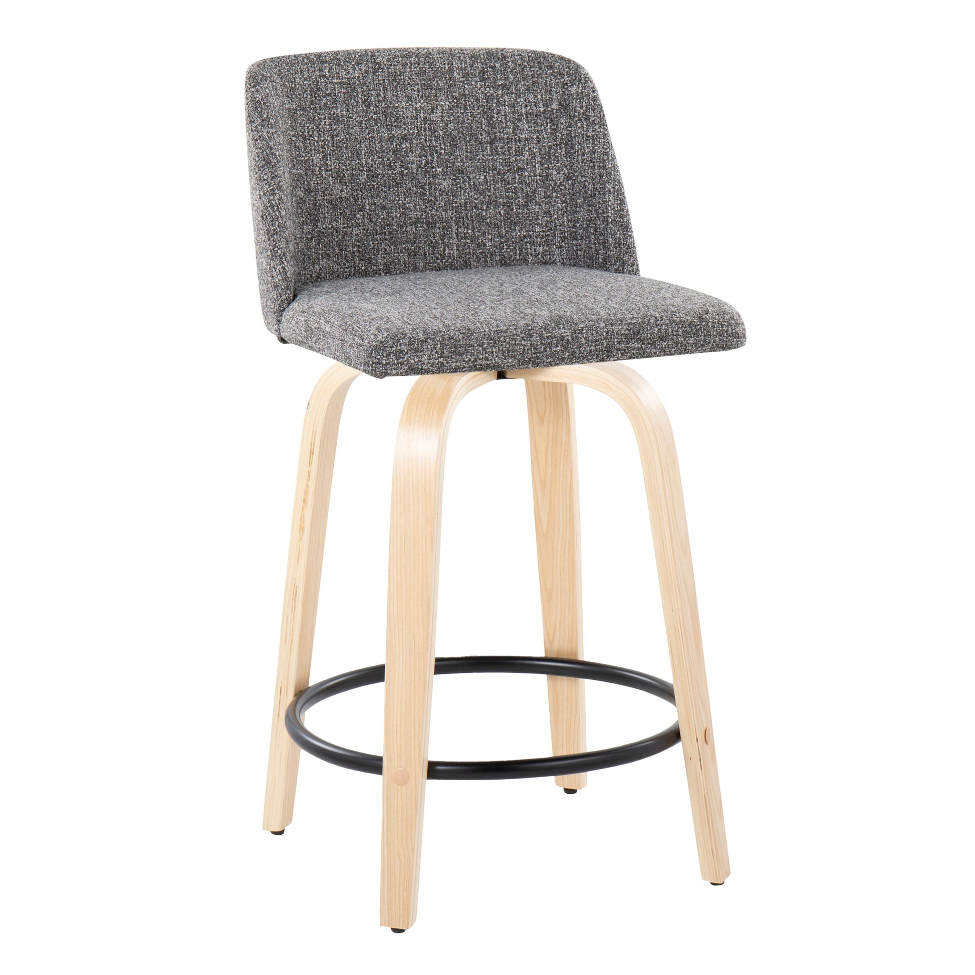 The Toriano set of 2 offers contemporary bar stools featuring gray upholstery on the back and seat, with light wood legs. These curved legs are linked by a black circular footrest. The design is sleek and minimalistic, with a fixed height counter and swivel function.