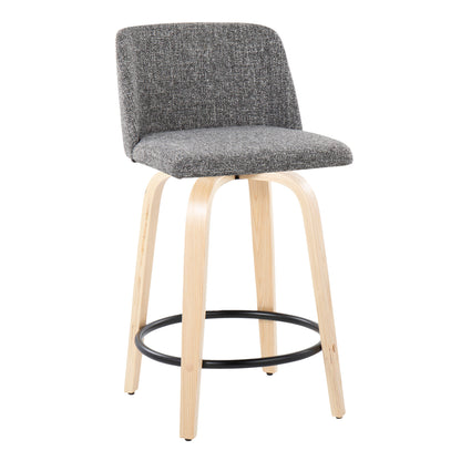The Toriano set of 2 offers contemporary bar stools featuring gray upholstery on the back and seat, with light wood legs. These curved legs are linked by a black circular footrest. The design is sleek and minimalistic, with a fixed height counter and swivel function.