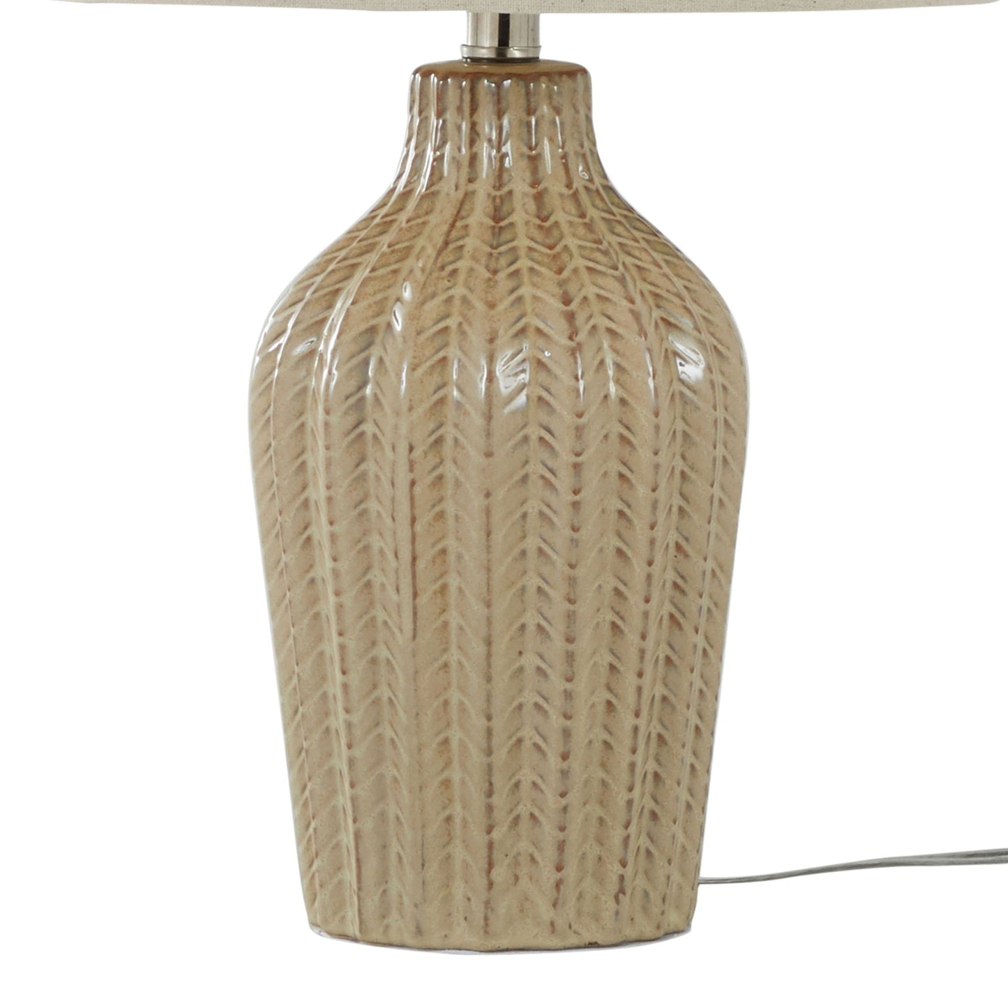 The Rockwell - Contemporary Table Lamp (Set of 2) features a beige ceramic base with a textured vertical herringbone pattern and glossy finish. A power cord is visible at the bottom right.