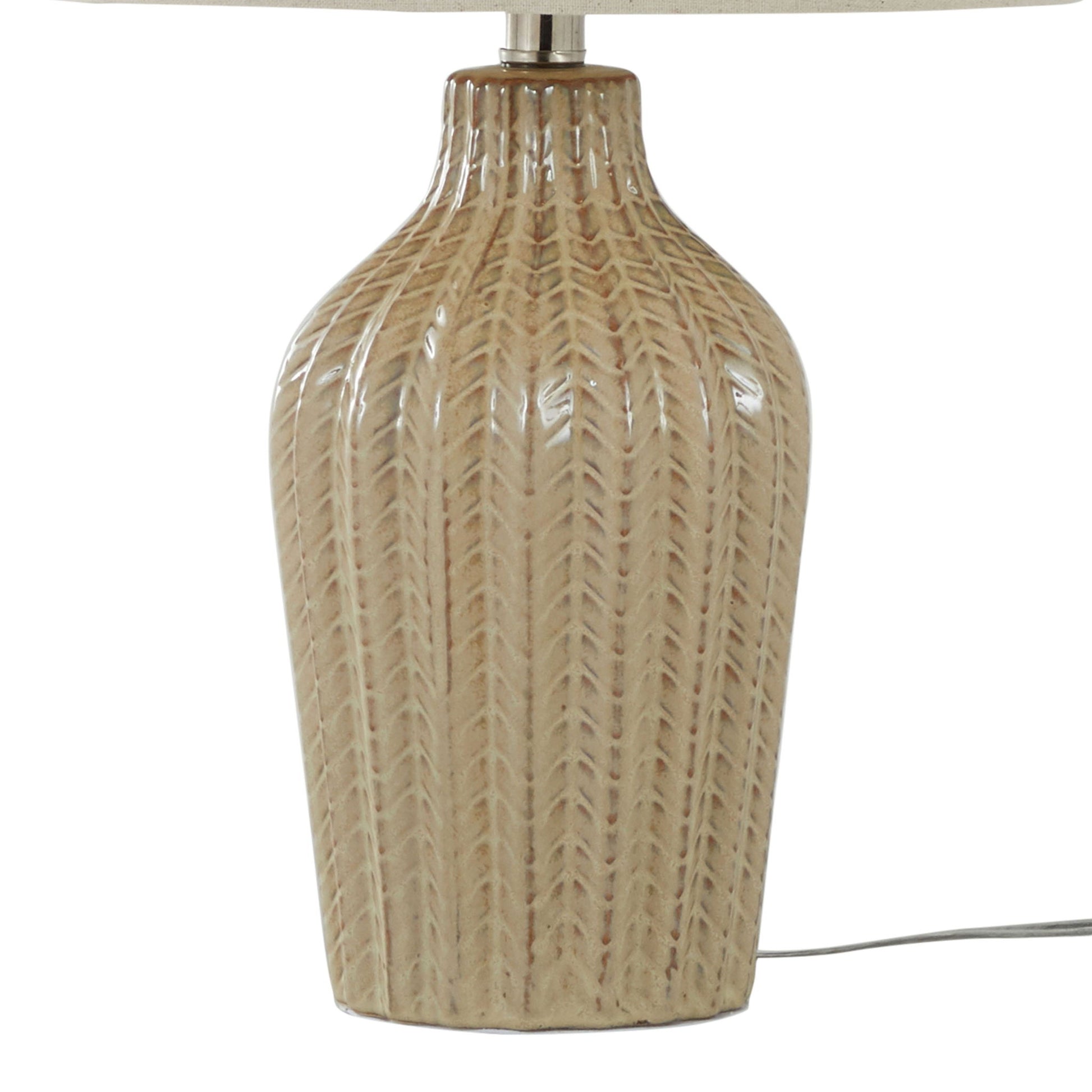 The Rockwell - Contemporary Table Lamp (Set of 2) features a beige ceramic base with a textured vertical herringbone pattern and glossy finish. A power cord is visible at the bottom right.