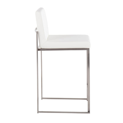 Side view of the Fuji - Contemporary High Back Counter Stool, showcasing a white cushioned seat and backrest with a minimalist metal frame and sleek rectangular base for a modern, functional look.